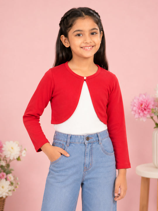 Kiddopanti Girls Fleece Full Sleeves Solid Crop Shrug