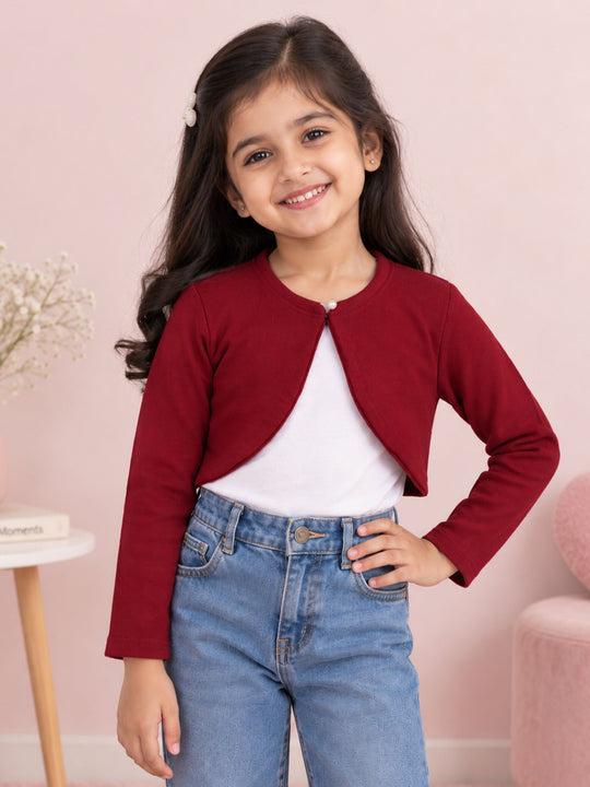 Kiddopanti Girls Cotton Fleece Full Sleeve Solid Crop Shrug