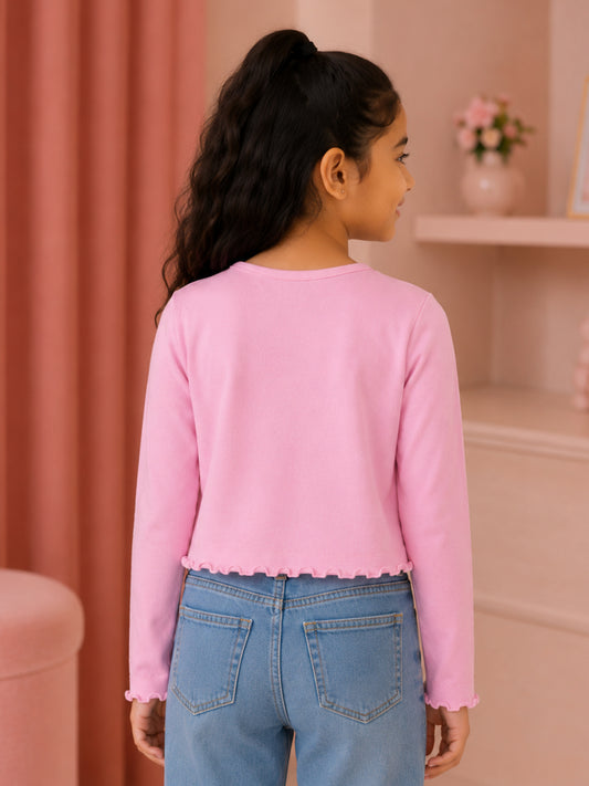 Kiddopanti Girls Full Sleeve Ribbed Crop T-Shirt with Heart Applique & Pearl Embellishment