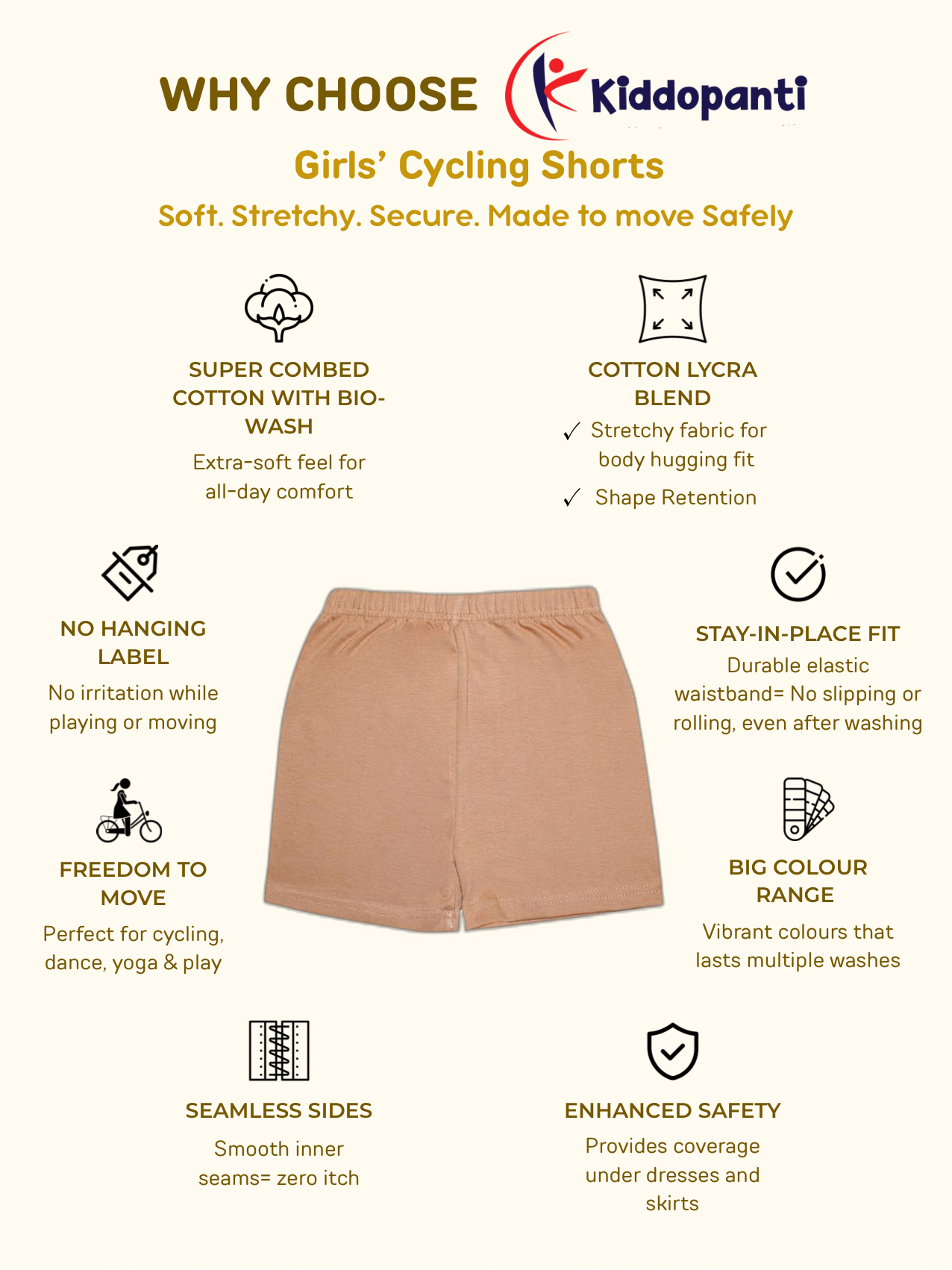 KiddoPanti Girls Cotton Thigh Length Cycling Shorts Pack of 3