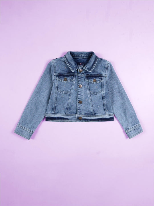 Kiddopanti Girls Full Sleeves Crop Denim Jacket with Rhinestones