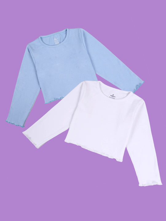 KiddoPanti Girls Cotton Rib Solid Full Sleeve Round Neck Crop Tee Pack of 2