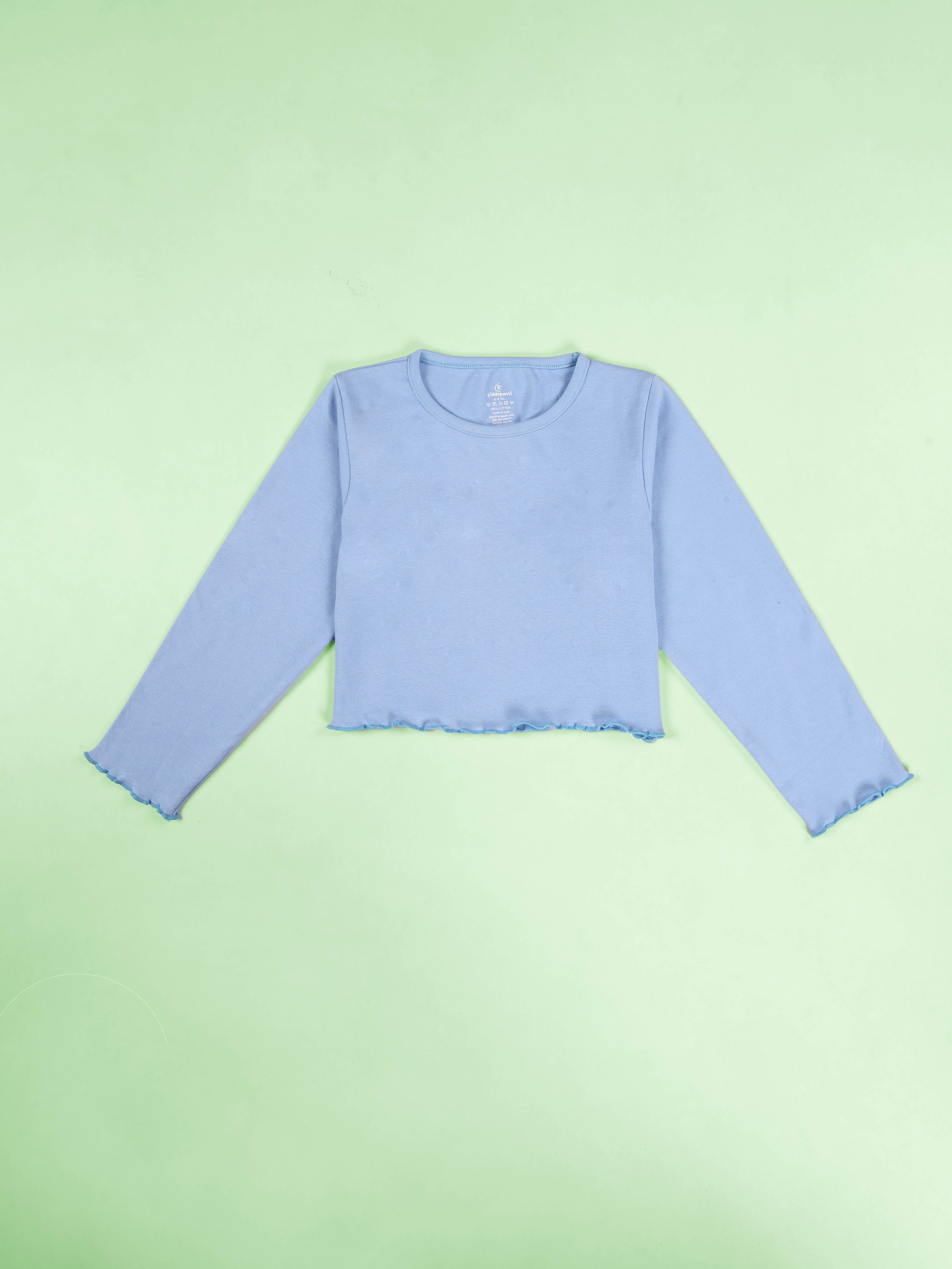 KiddoPanti Girls Cotton Rib Solid Full Sleeve Round Neck Crop Tee Pack of 2