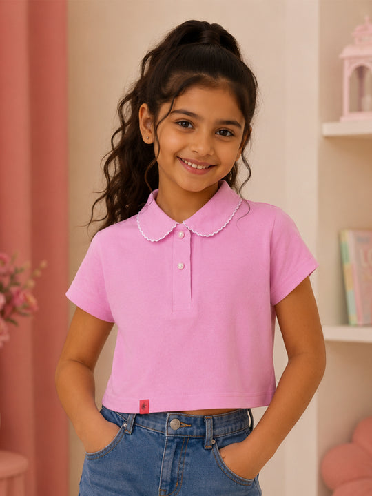 Kiddopanti Girls Cotton Knit Full Sleeves Solid Crop Length Polo T-Shirt With Picot Trim Collar