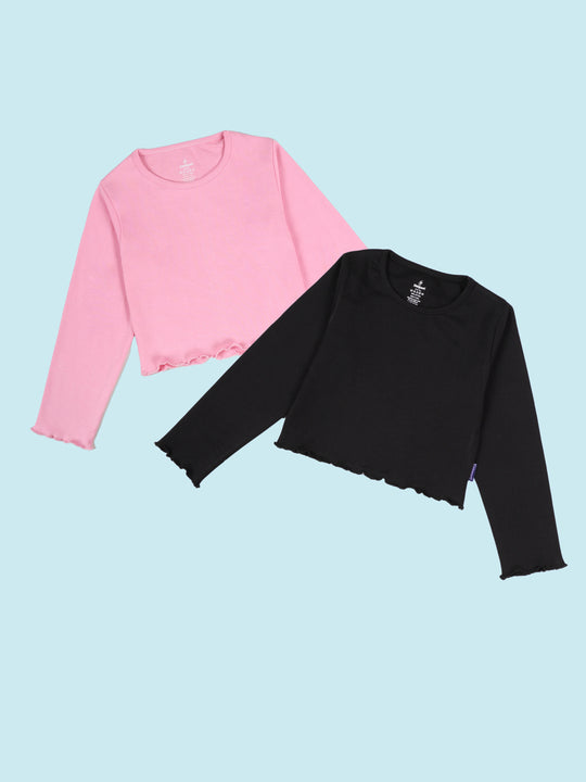 KiddoPanti Girls Cotton Rib Solid Full Sleeve Round Neck Crop Tee Pack of 2