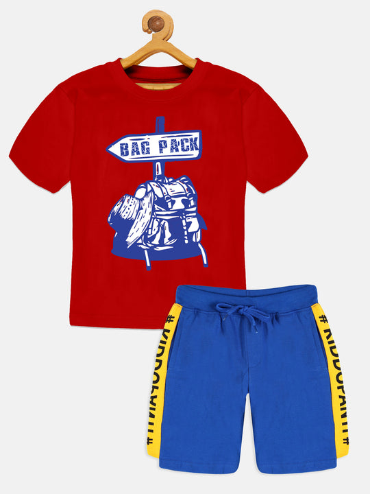 Boys Printed Drop Shoulder Tee & Cut & Sew Knee Length Shorts Set