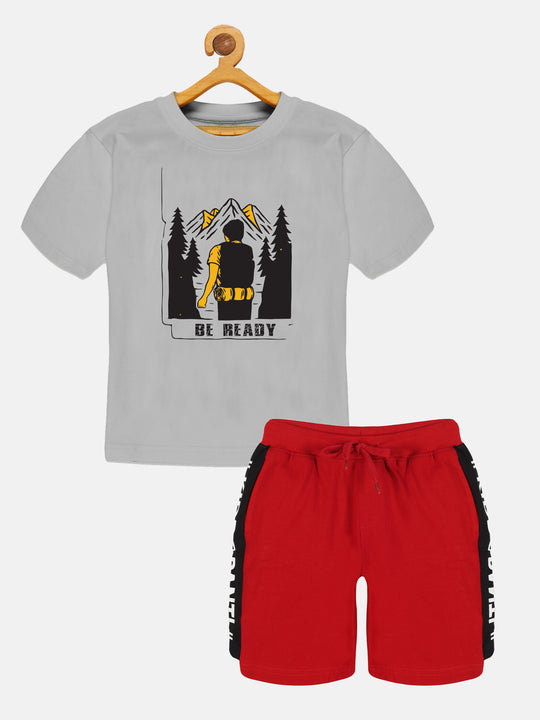 Boys Printed Drop Shoulder Tee & Cut & Sew Knee Length Shorts Set