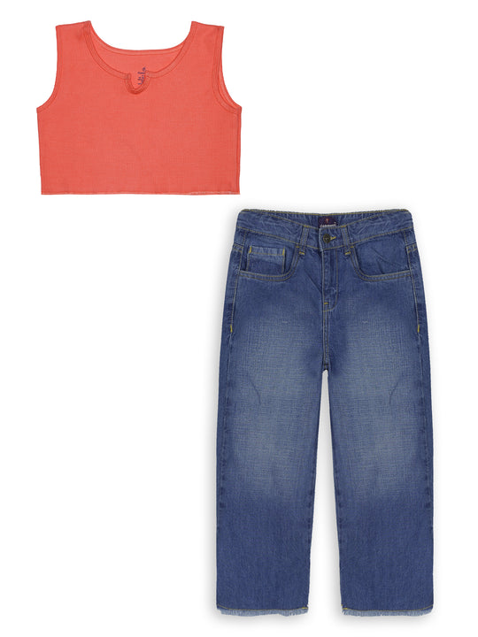 Girls Rib Crop Tank Top & Girls Flared Jeans Pant Set