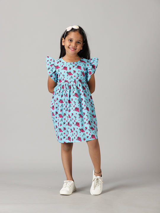 Girls Yoke Dress With Frill Sleeve