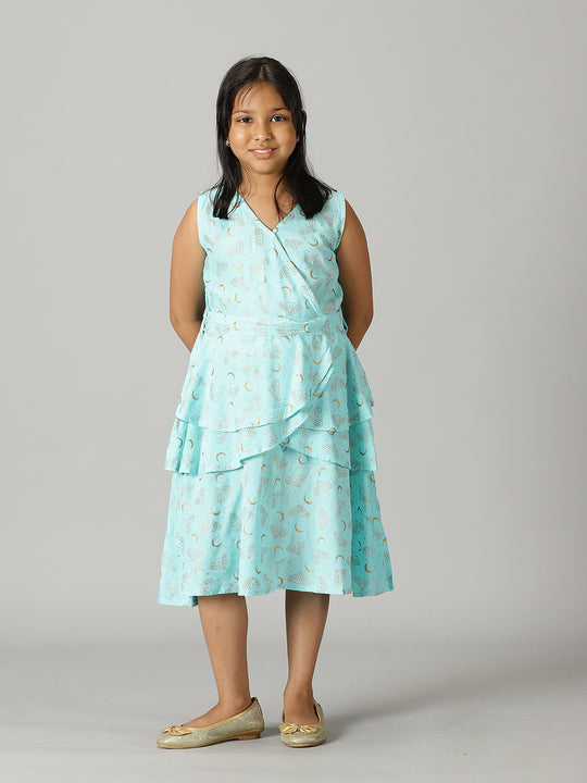 Girls Printed V Neck Layer Dress