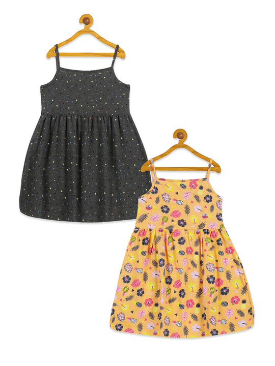 Girls Strap Dress With Yoke Pack of 2