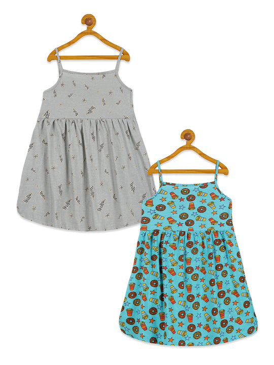 Girls Strap Dress With Yoke Pack of 2