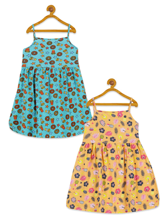 Girls Strap Dress With Yoke Pack of 2