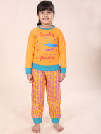 Girls Pure Cotton Printed Tee and AOP Pyjama Night Set - Orange / 3-4Y