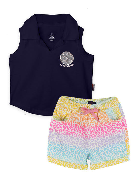 Girls Cropped Print Polo & Basic Roll up Hot Short Set