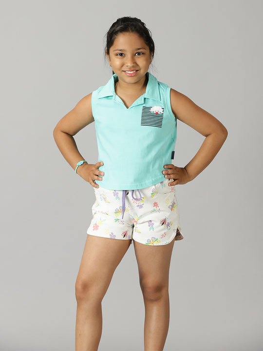 Girls Cropped Placement Print Polo & Basic Roll up Hot Short Set