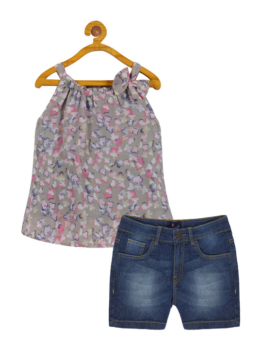 Girls Halter Neck Strap Top With Bow & Denim Shorts Set