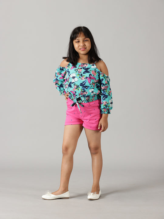 Girls Cold Shoulder Top With Roll up Short Set