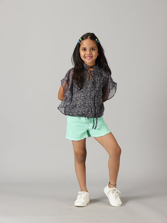 Girls Butterfly Sleeve Top With Over Dyed Hot Shorts Set