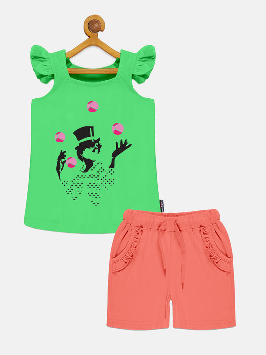 Girls Printed Frill Sleeve Square Neck Tee & Frill Pocket Hot Shorts Set