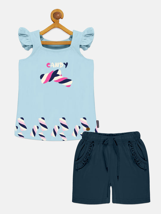 Girls Printed Frill Sleeve Square Neck Tee & Frill Pocket Hot Shorts Set