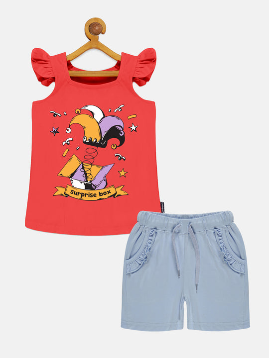 Girls Printed Frill Sleeve Square Neck Tee & Frill Pocket Hot Shorts Set