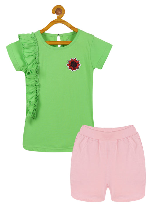 Girls Frill Tee with Badge & Knit Shorts Set