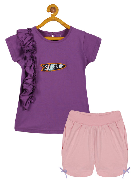 Girls Frill Tee with Badge & Knit Hot Shorts With Back Pocket Set