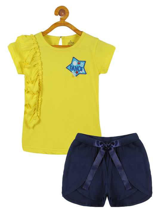 Girls Frill Tee with Badge & Over Lap Shorts With Bow Set