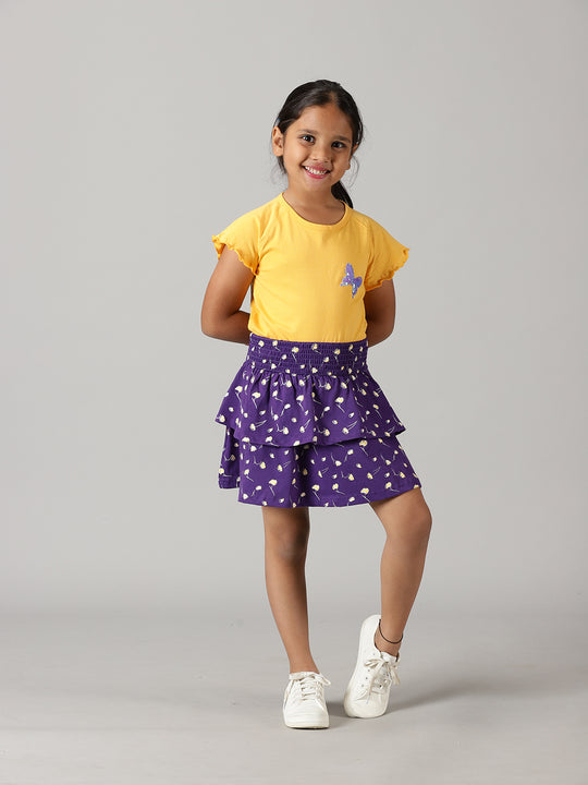 Girls Printed Raglan Sleeve Tee With AOP Printed Layerd Skirt Set