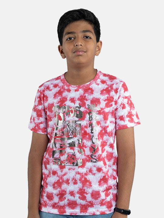 Boys Tie & Dye Printed Tee With Chest Print
