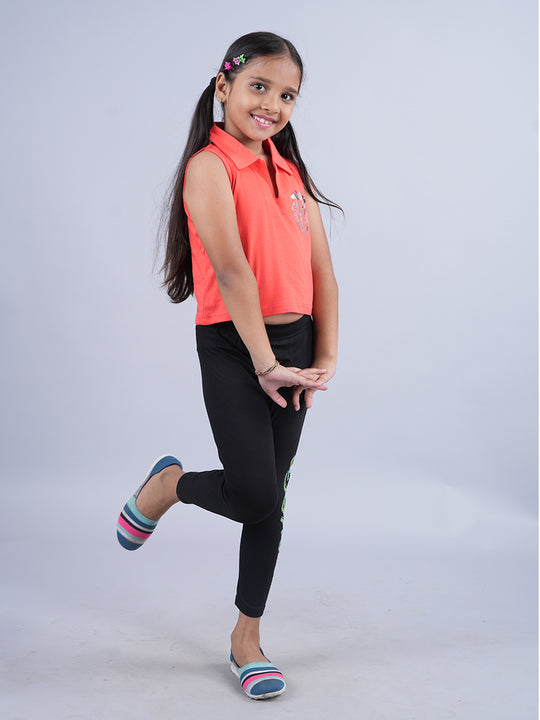 Girls Cropped Polo Tee & Printed Capri Legging Set