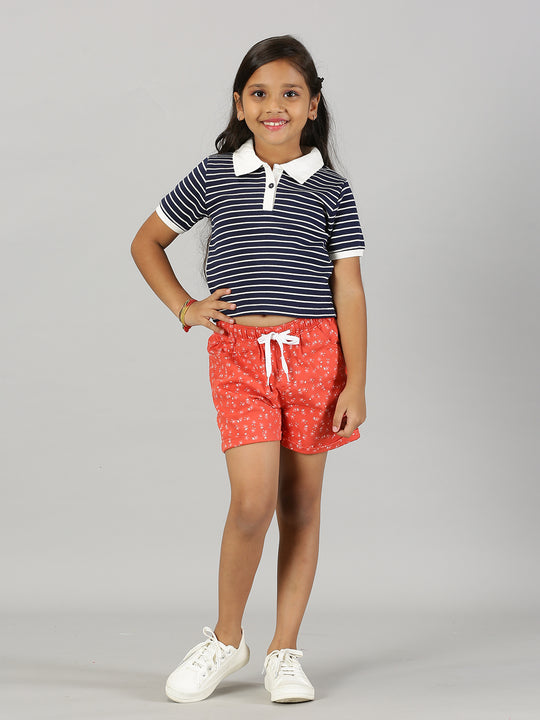 Girls Crop Length Polo Tee & Rollup Hot Shorts Set