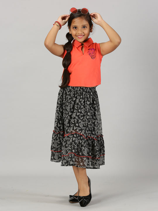 Girls Cropped Print Polo Tee & Frill Layered Flared Skirt Set