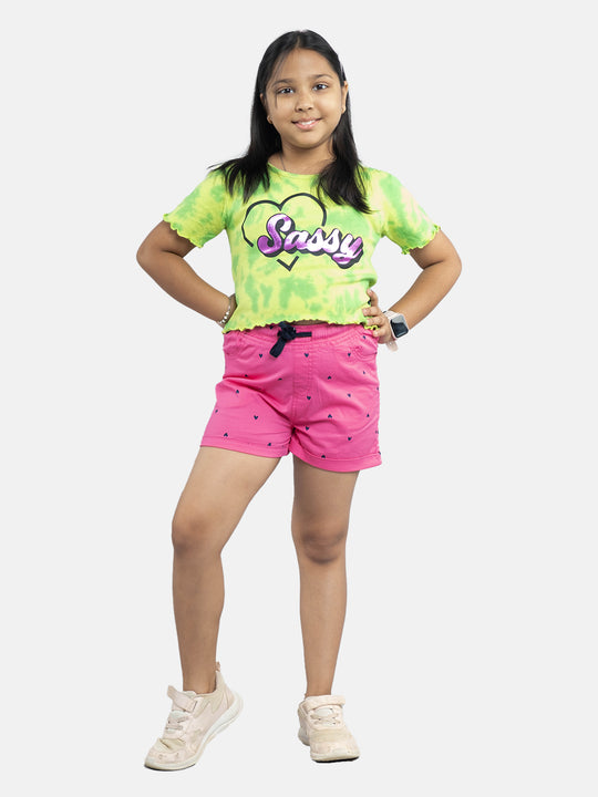 Girls Crop Tie & dye Tee & Roll up Hot Shorts Sets