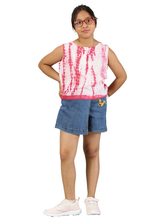 Girls Sleeveless Tie&Dye Top & Denim Over Lap Shorts Set