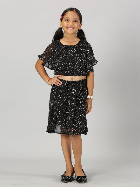 Girls Crop Top With Yoke Frill Layer & Smocked Waistband Skirt Set