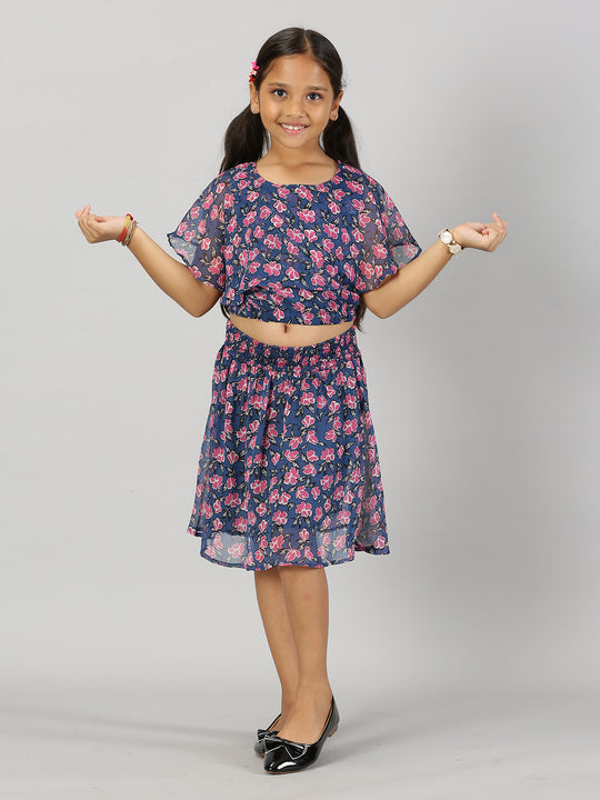 Girls Crop Top With Yoke Frill Layer & Smocked Waistband Skirt Set