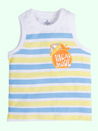 Boys Cotton Sleeveless VACAY MOOD Text Printed Tee - Blue & Yellow / 1-2Y
