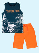 Boys Cotton Sleeveless Printed Tee & Knee Length Basic Shorts Set
