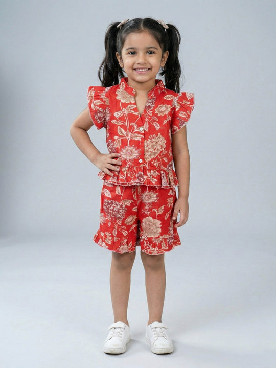 Kiddopanti Girls Cotton Woven Ruffle Sleeves All Over Flower Printed Top With Bottom Frill Shorts Co Ord Set