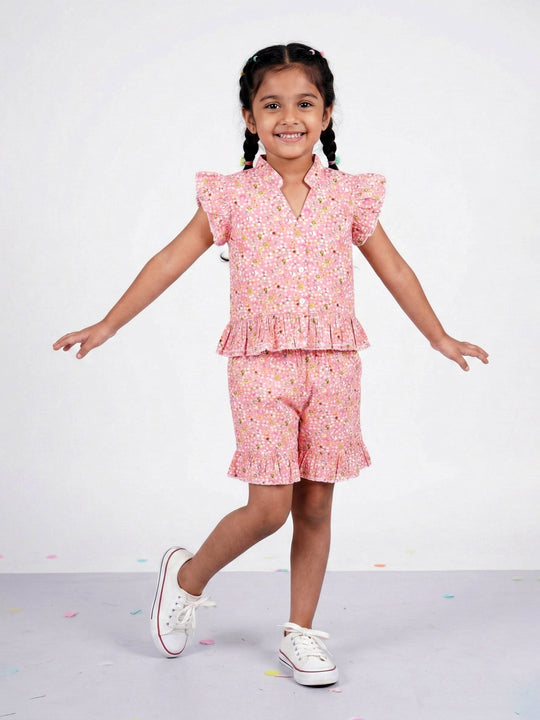 Kiddopanti Girls Cotton Woven Ruffle Sleeves All Over Flower Printed Top With Bottom Frill Shorts Co Ord Set
