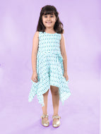Girls Cotton Geometric Printed Asymmetrical HandKerchief Hem Dress - Green / 3-4Y