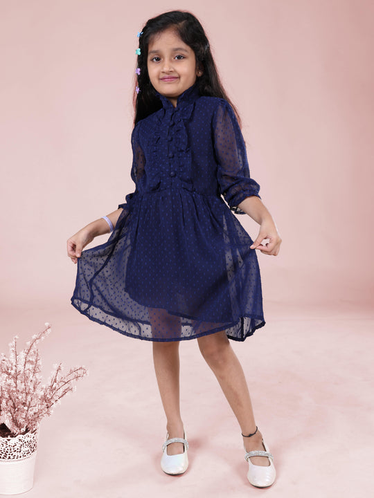 Girls Front Yoke Frill Detailed Placket Full Sleeves Dress