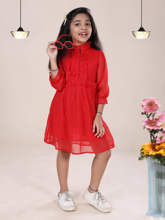 Girls Front Yoke Frill Detailed Placket Full Sleeves Dress