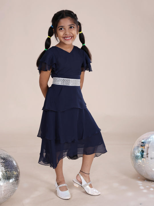 Girls Georgette Half Frill Sleeves Layered Dress