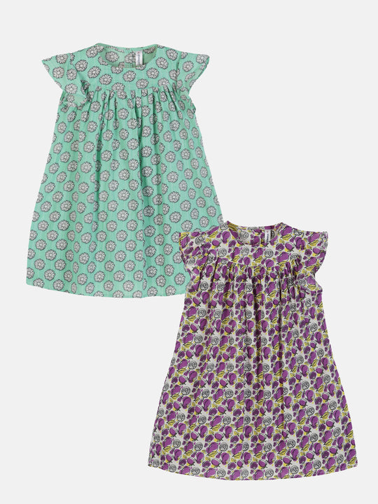 Girls Cotton Frill Cap Sleeves Floral Printed Dress Pack of 2