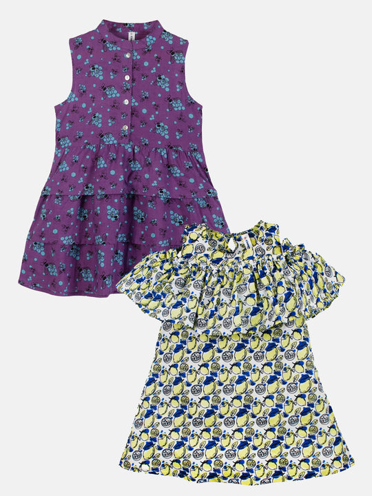 Girls Cotton Sleeveless Layered Dress & Cold Shoulder Floral Printed Dress Pack of 2