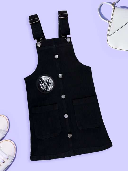 Girls Denim Woven Sleeveless Ok Sequin Solid Denim Dungaree Skirt