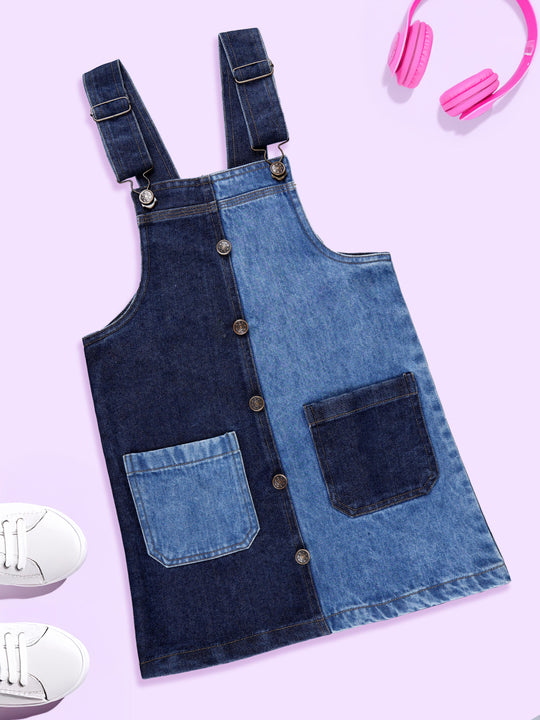 The Girls Denim Woven Sleeveless Solid Denim Dungaree Skirt